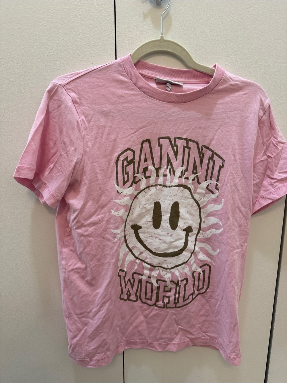 Ganni Pink Short-Sleeve Tee with White Sun Smiley Graphic